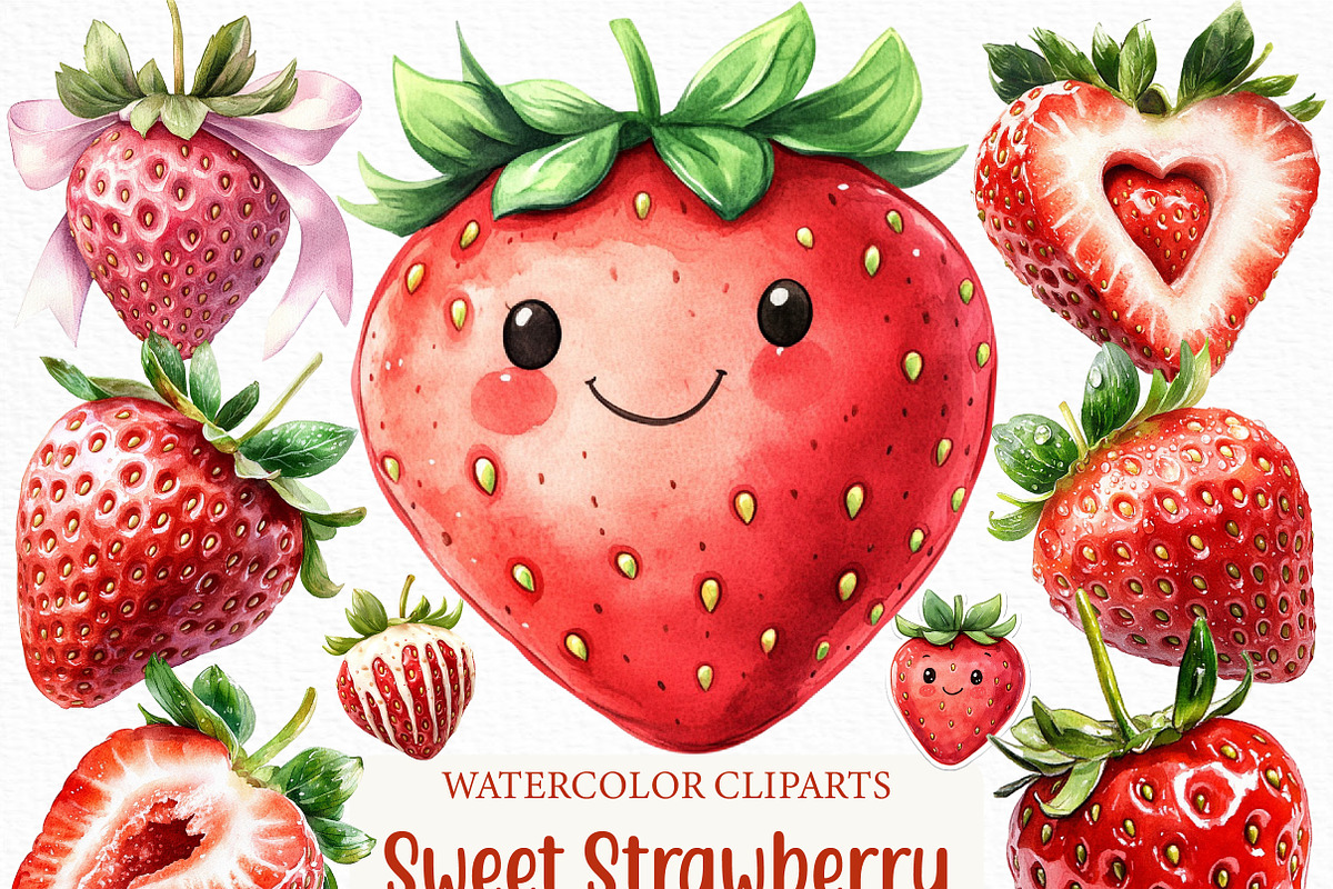 Watercolor Sweet Strawberry Clipart, an Illustration by Craft Nest (Photo 1 of 6)