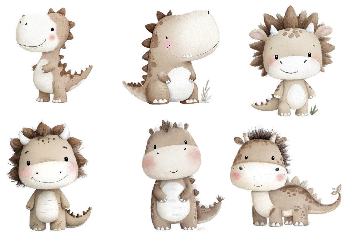 Watercolor Cute Dinosaur Clipart, an Illustration by Designworld (Photo 3 of 4)
