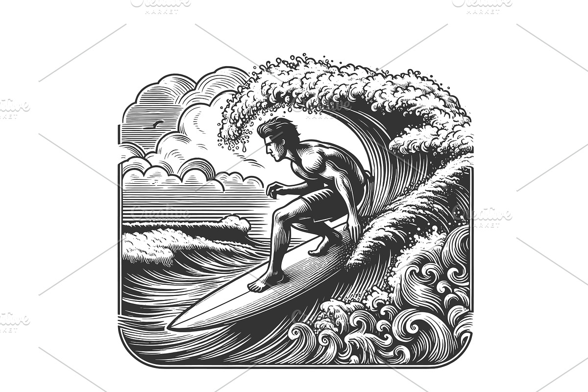 Surfer Catching Wave engraving, a Person Illustration by AlexArt