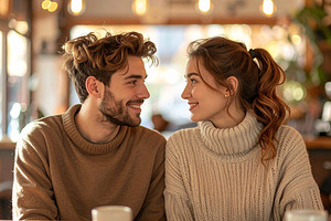 Happy young couple smiling in a cozy cafe, a Person Photo by DanFLCreativo