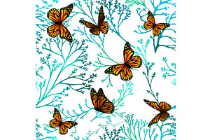 Blue Twigs And Butterflies Seamless