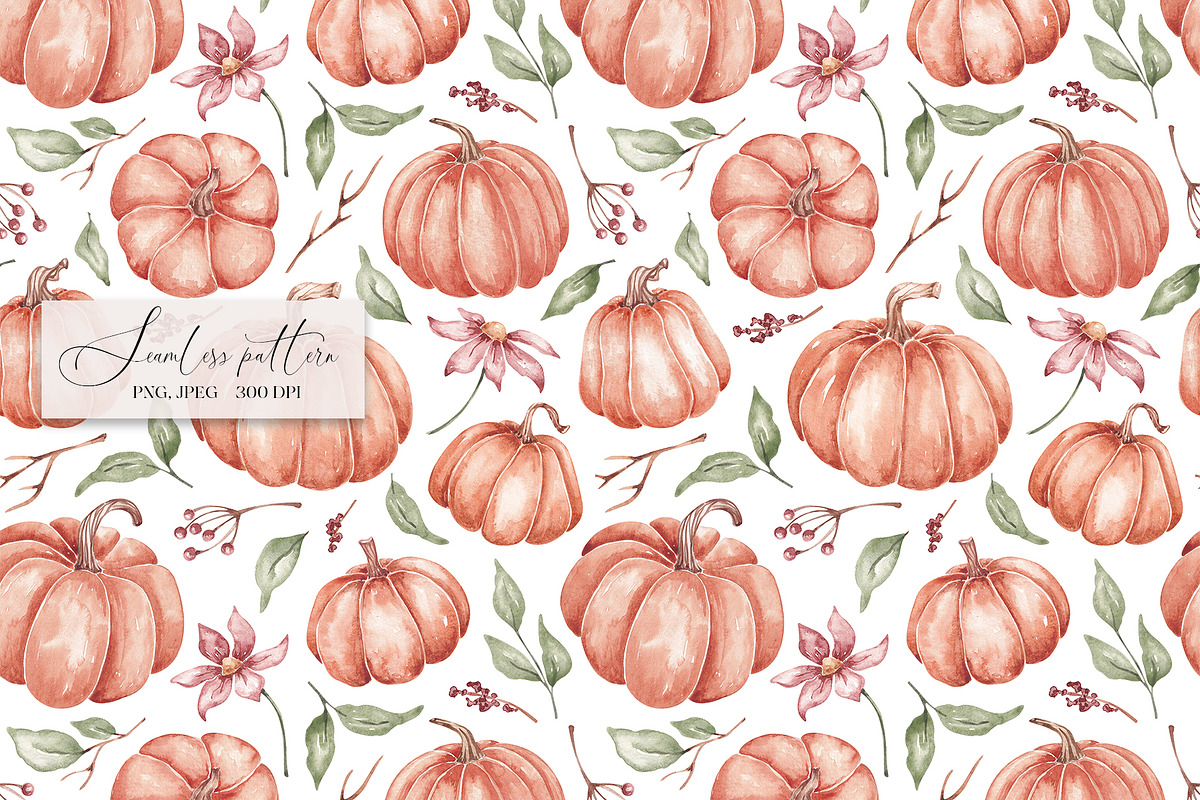 Watercolor pumpkins seamless pattern, a Pattern Graphic by SirenaArt (Photo 3 of 13)
