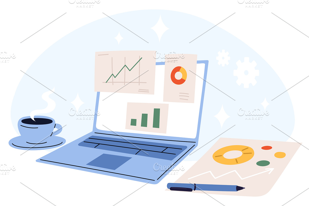 Laptop with growth charts or pie, an Object Illustration by Vectorbuum