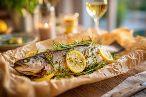Fresh fish prepared with herbs and lemons in a cozy kitchen setting at sunset, a Photo by AlyaAnd