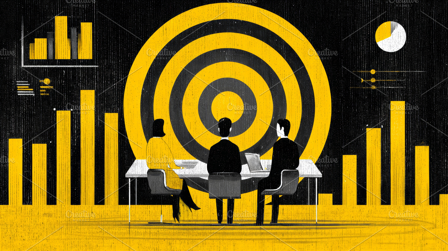 Business team meeting around a target concept with marketing analytics charts a, a Photo by AS photostudio