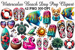 Watercolor Beach Day PNG Clipart Set, an Illustration by RobertsArt