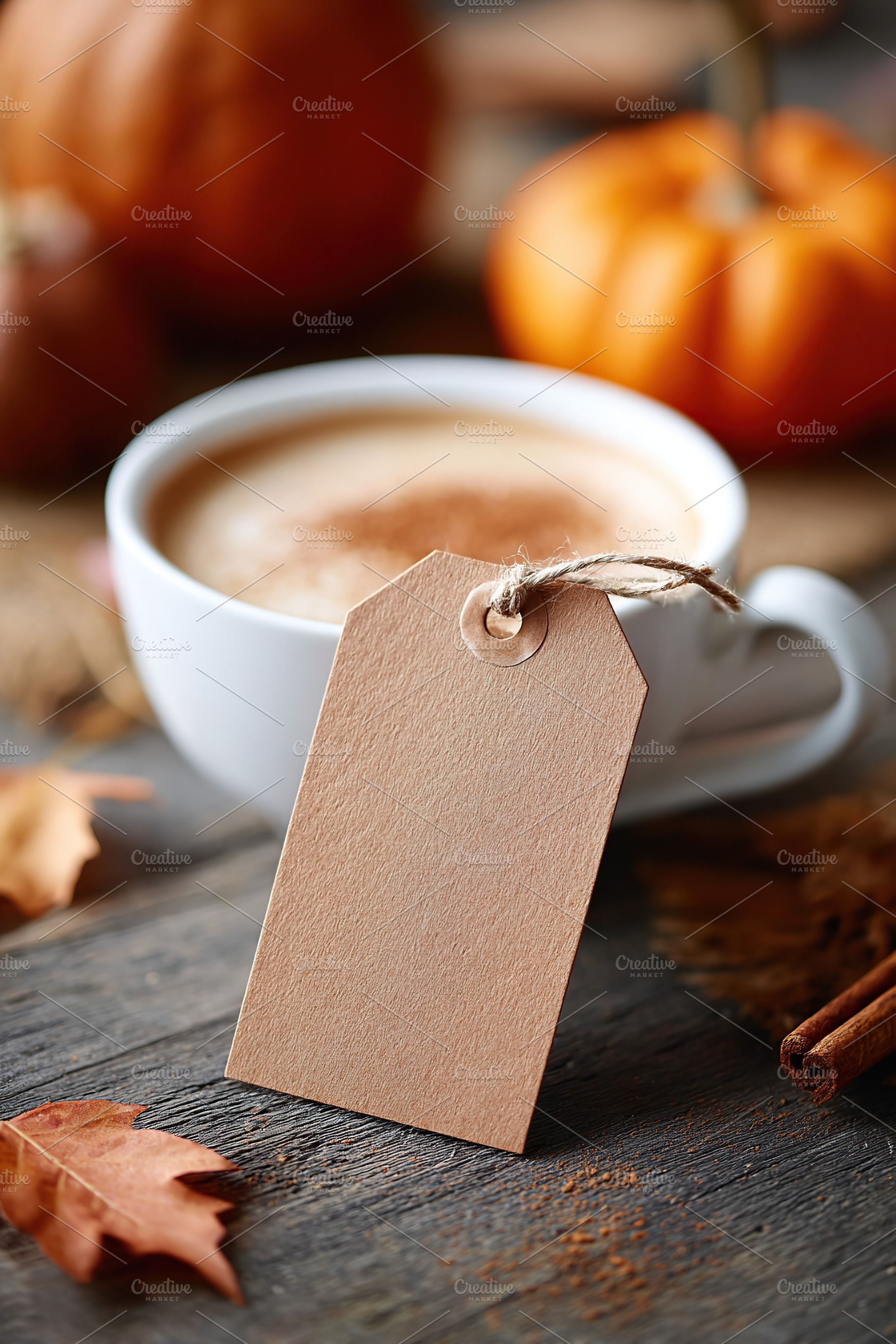Cozy autumn vibes with a pumpkin latte and kraft tag on a rustic wooden table, a Food & Drink Photo by AlyaAnd