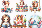 Cute Little Girl Reading Clipart, an Illustration by CraftArtStudio (Thumbnail 2 of 6)