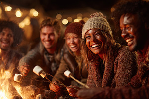 Happy friends roasting marshmallows, a Photo by Pixeness Studio