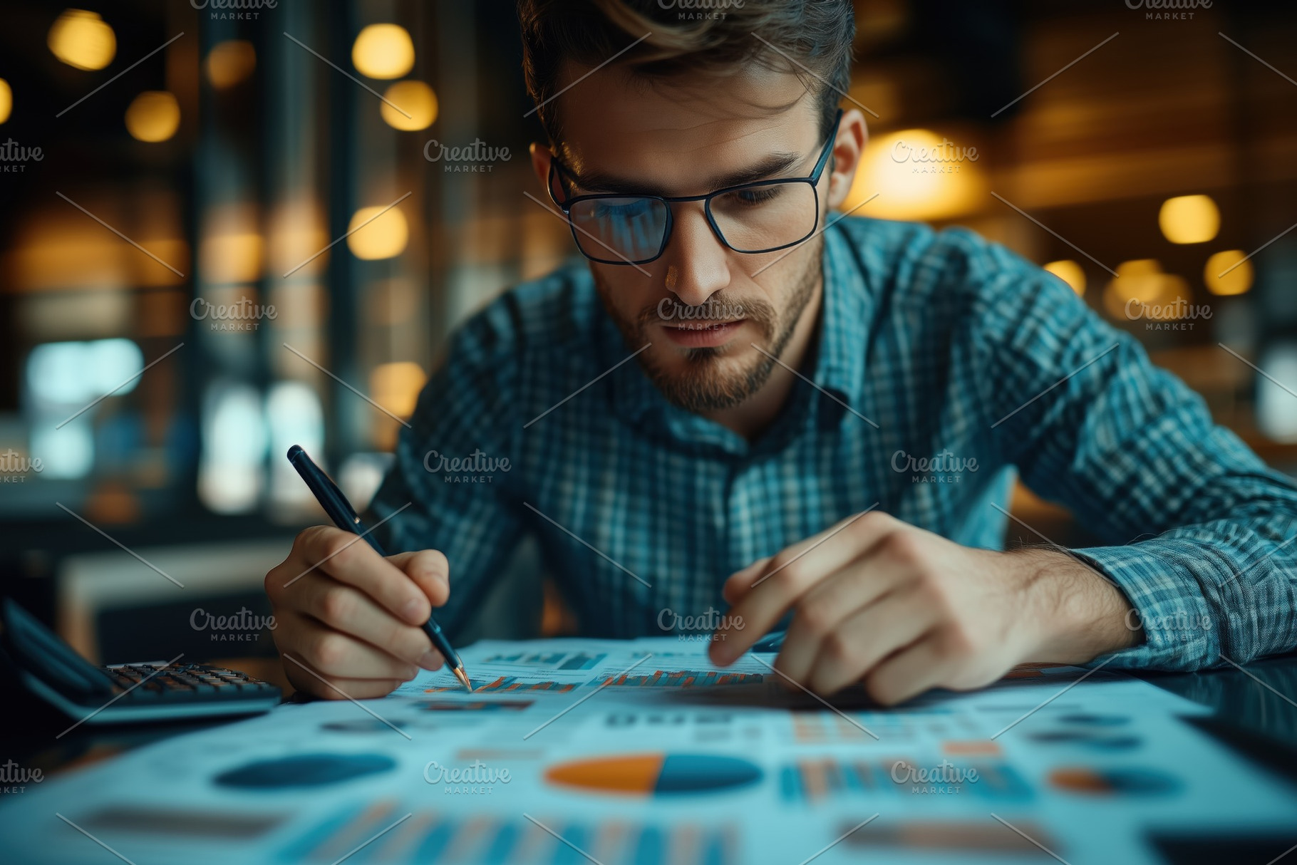 A focused young accountant man in glasses analyzing charts and graphs on paper,, a Person Photo by Textures & Backgrounds