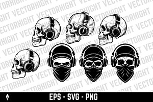 Skull in headphones vector.