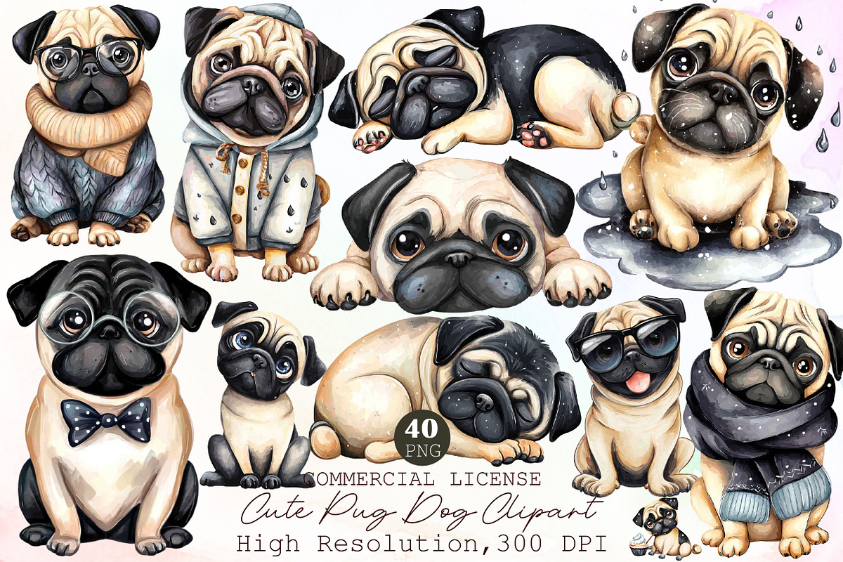 Cute Watercolor Pug Dog PNG, an Animal Illustration by Sublimation Artist (Photo 1 of 6)