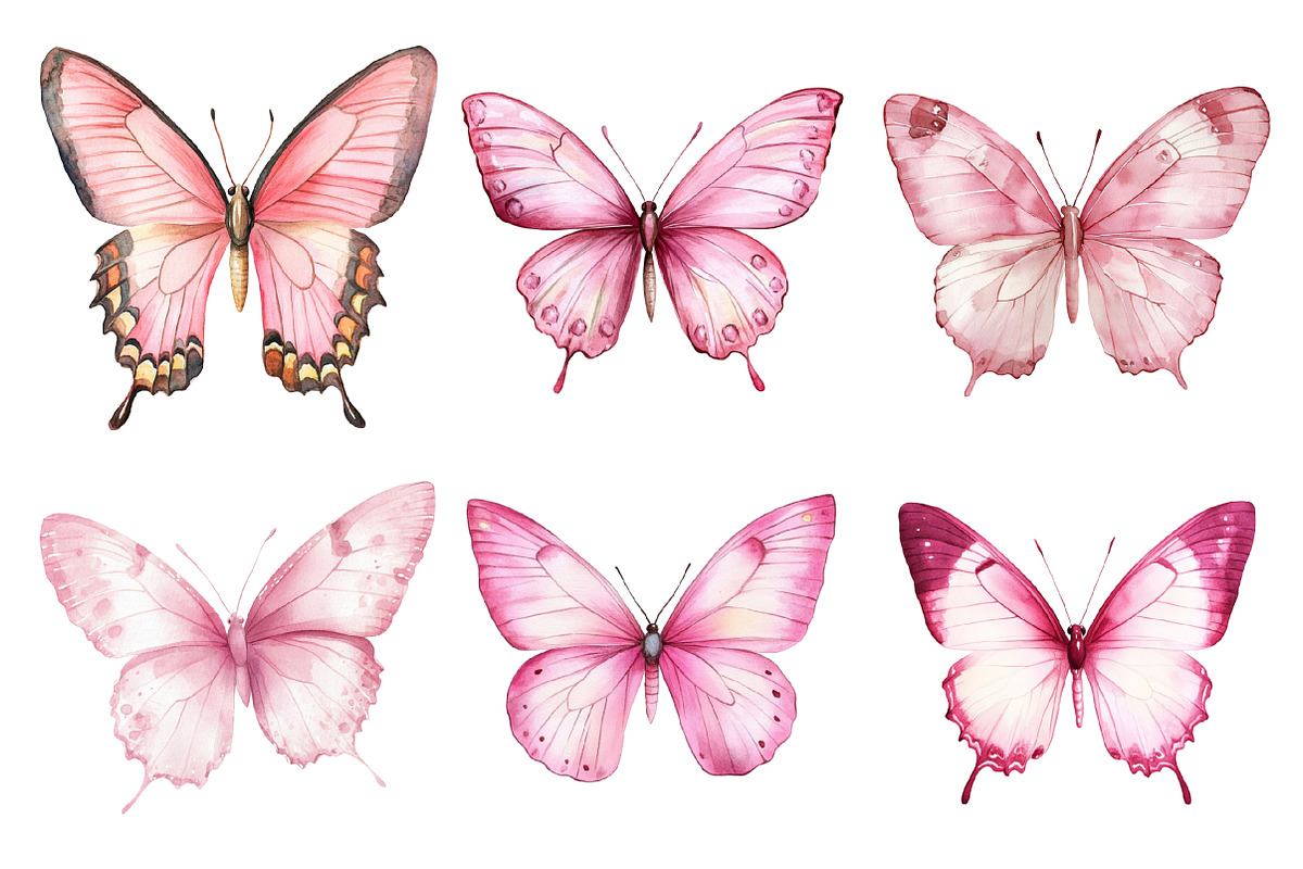 Pink Watercolor Butterflies Clipart, an Illustration by SinaCreation (Photo 2 of 5)