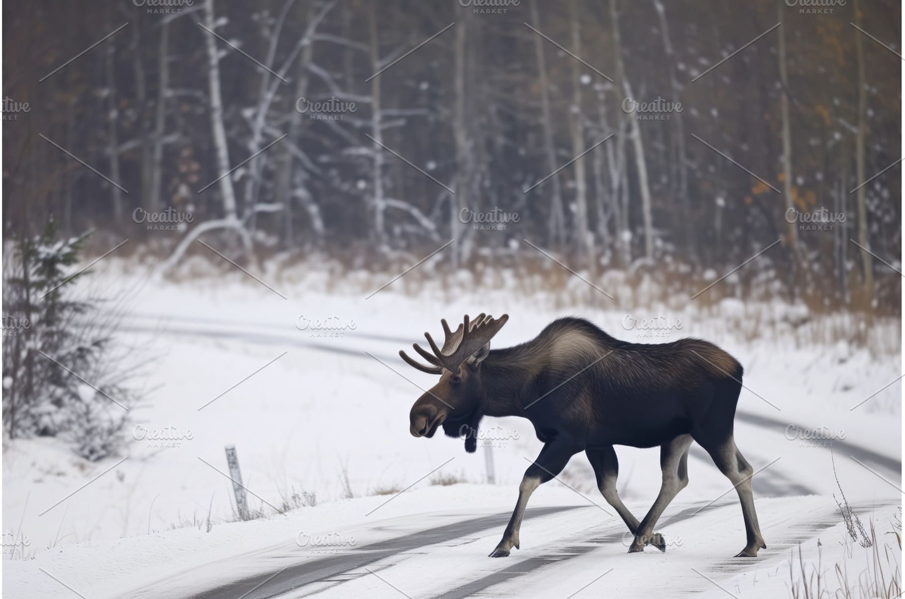 moose crossing a snowy road in a, an Animal Photo by Sergey Kotenev