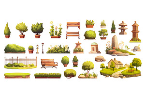 Park element cartoon set. Bench bush, an Object Illustration by Stock-Smart-Start