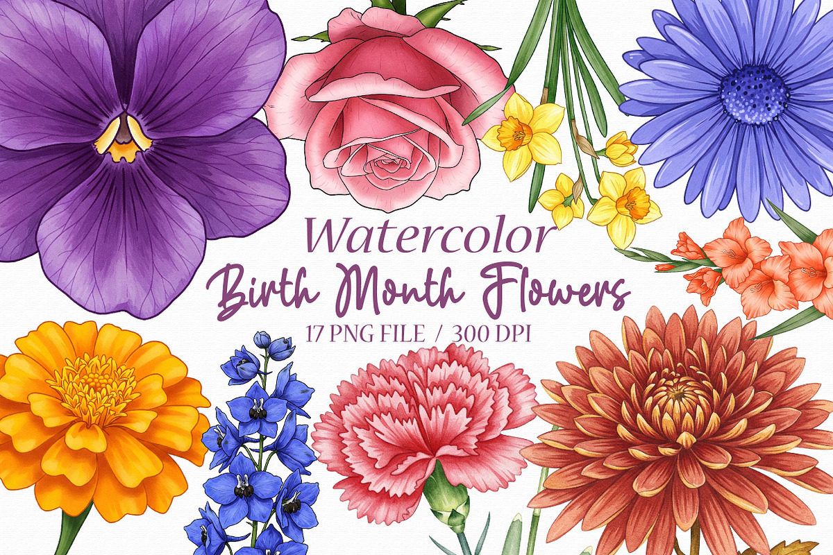 Watercolor Birth Month Flowers Clipa, an Illustration by Libby Wishes (Photo 1 of 6)