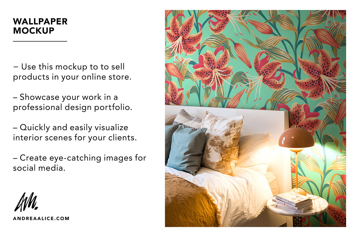 Wallpaper Mockup Bedside with Lamp, a Household Mockup by Andrea Muller (Photo 2 of 6)