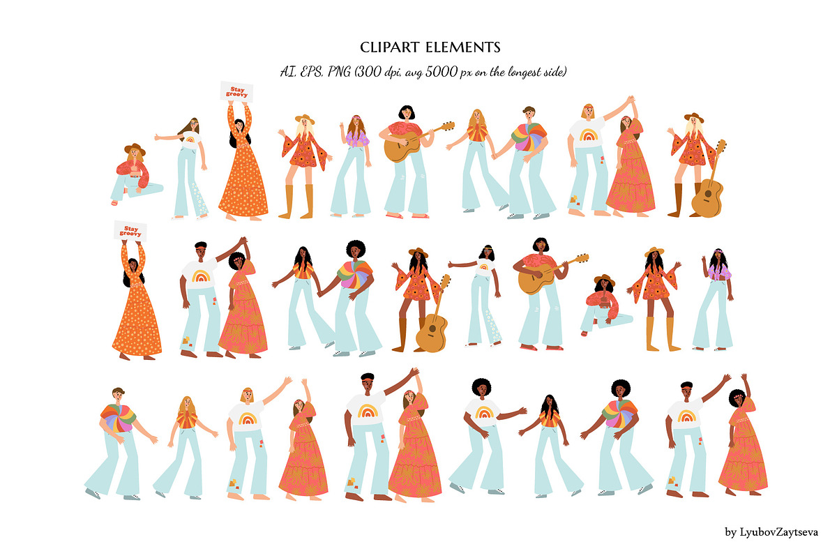 groovy hippie clipart, retro 70s set, a Person Illustration by LyubovZaytseva (Photo 7 of 23)