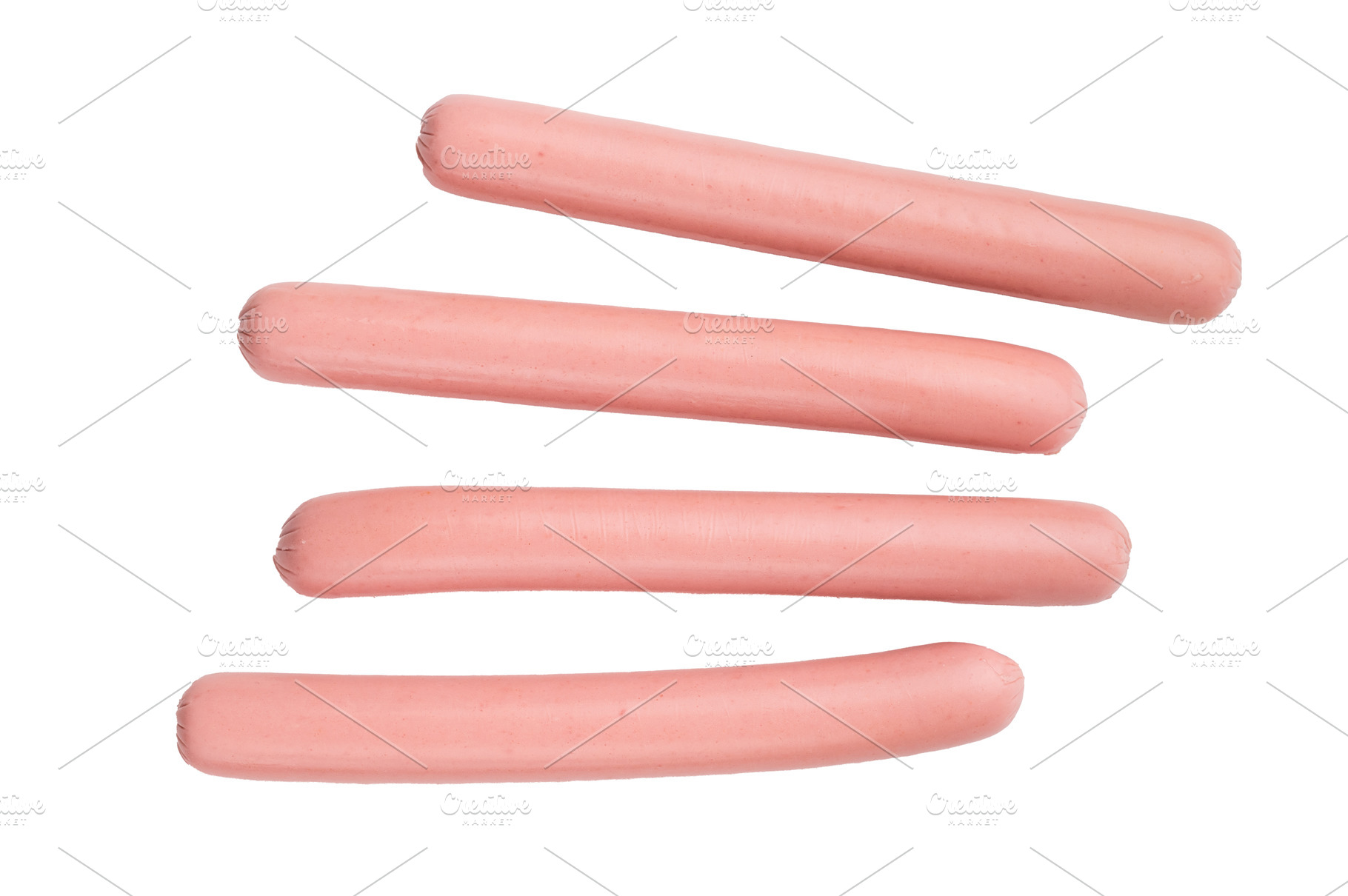 Four raw pink hot dog sausages (franks/wieners) isolated on a cl, a Food & Drink Photo by composter-box@mail.ru
