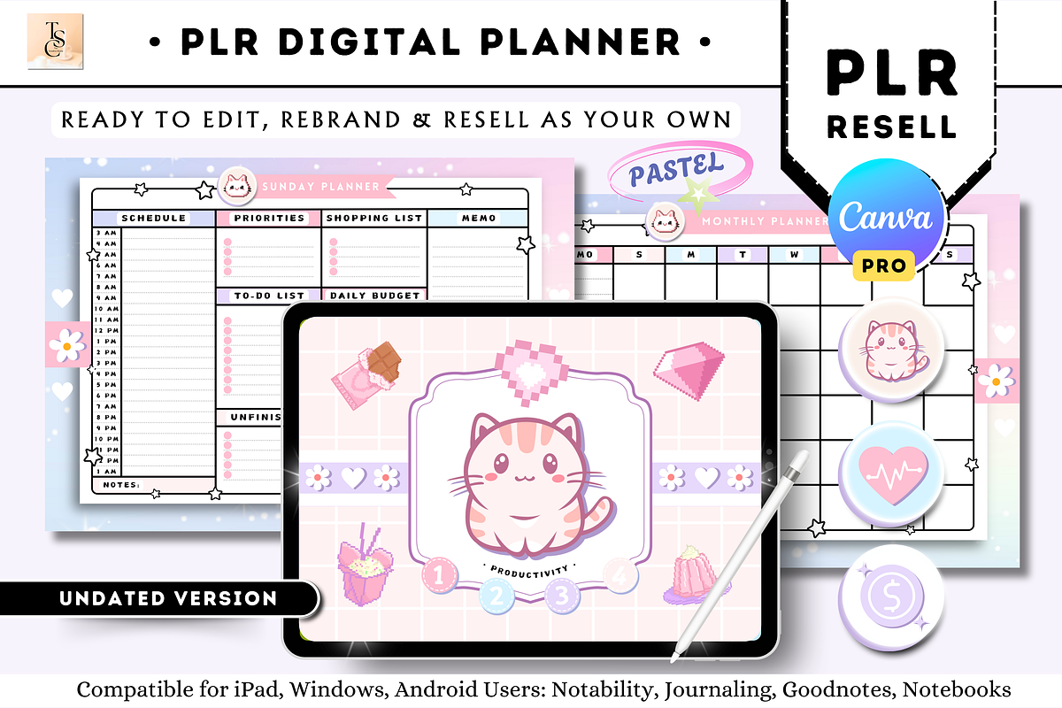 PLR Resell Pink Digital Planner, a Stationery Template by Tas Creative Studio (Photo 1 of 13)
