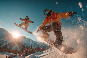 Snowboarders soaring through snowy m, a Photo by Pixeness Studio