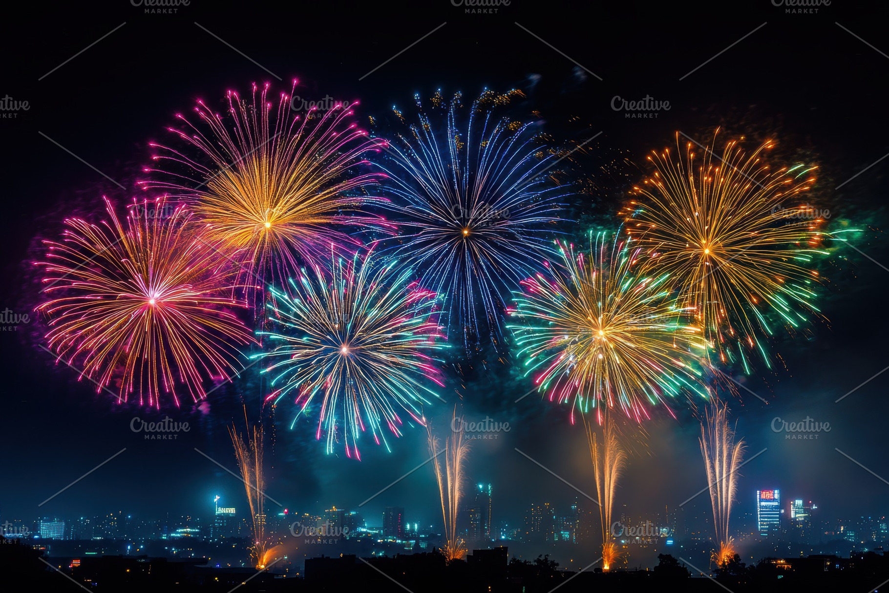 Vibrant Fireworks Display over City, a Photo by Pixeness Studio