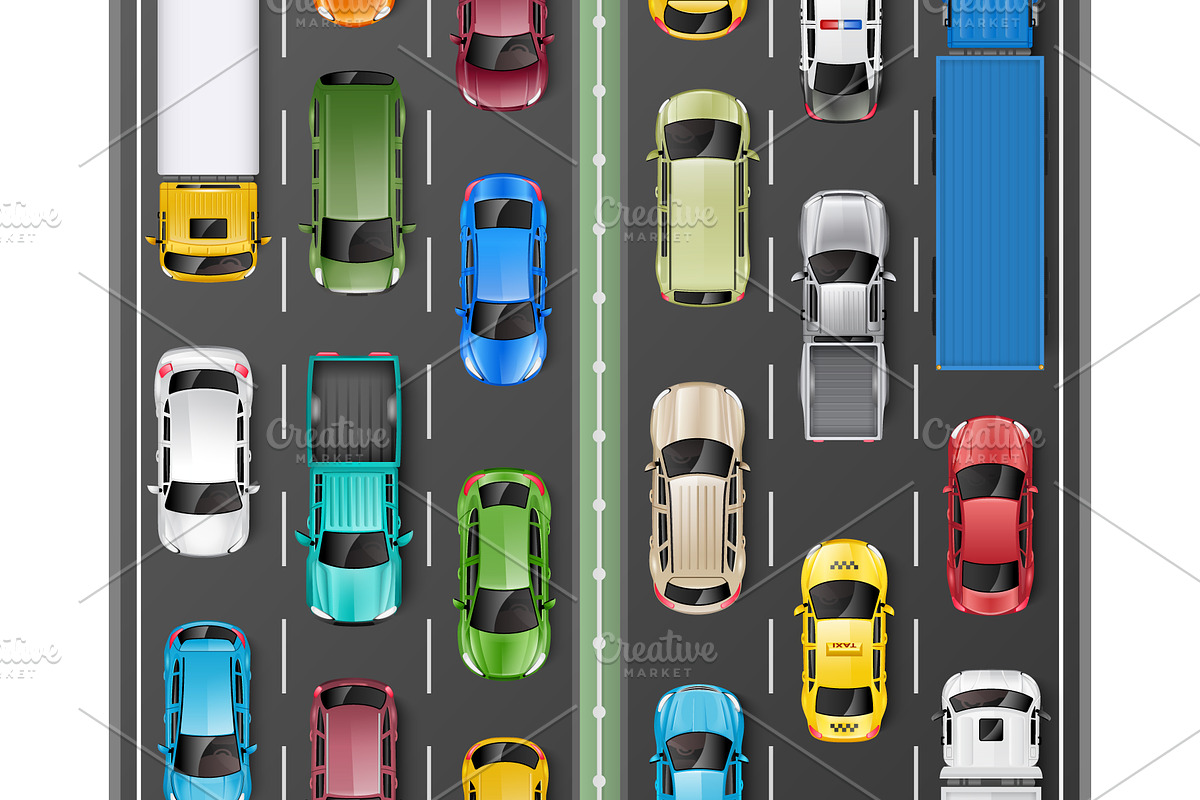 Traffic jam with cars and trucks, a Transportation Illustration by Yayasya