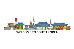 South Korea outline skyline, korean flat thin line icons, landmarks, illustrations. South Korea cityscape, korean travel city vector banner. Urban silhouette