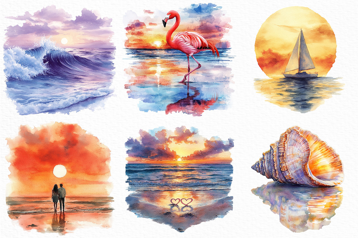 Watercolor Sea Sunset Clipart, an Illustration by Craft Nest (Photo 3 of 6)