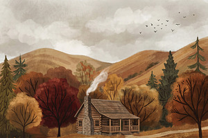 Cozy Log Cabin Reflection on Lake, a Decorative Illustration by Virgo Studio