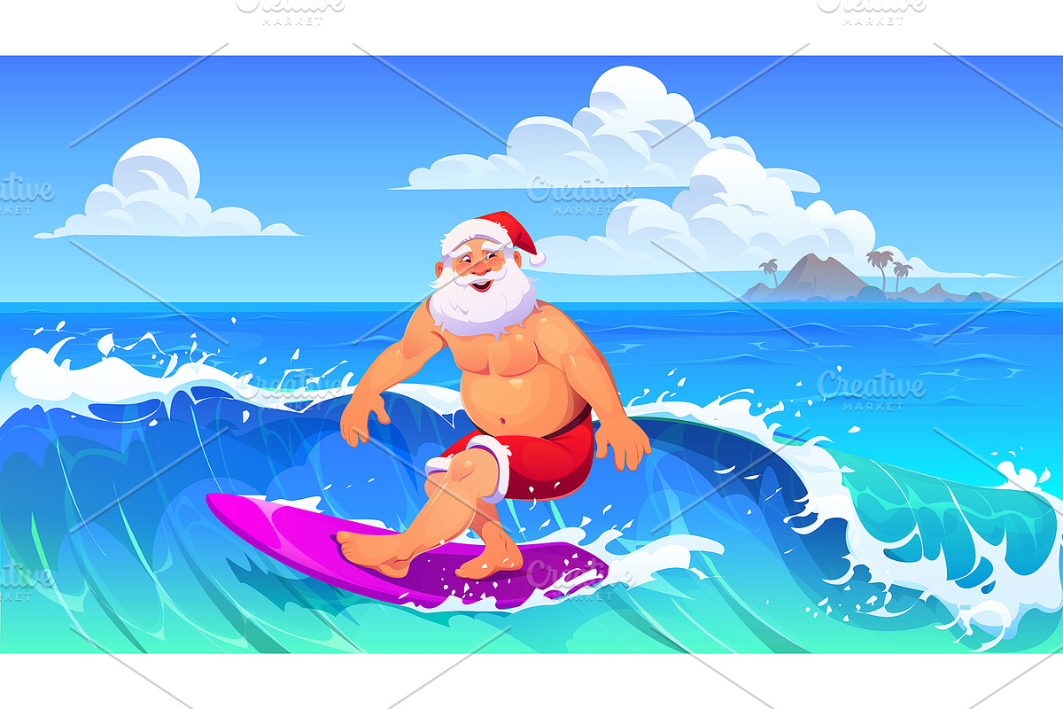 Summer surfing Santa on beach, a Seasonal Illustration by Seavector Studio (Photo 3 of 3)