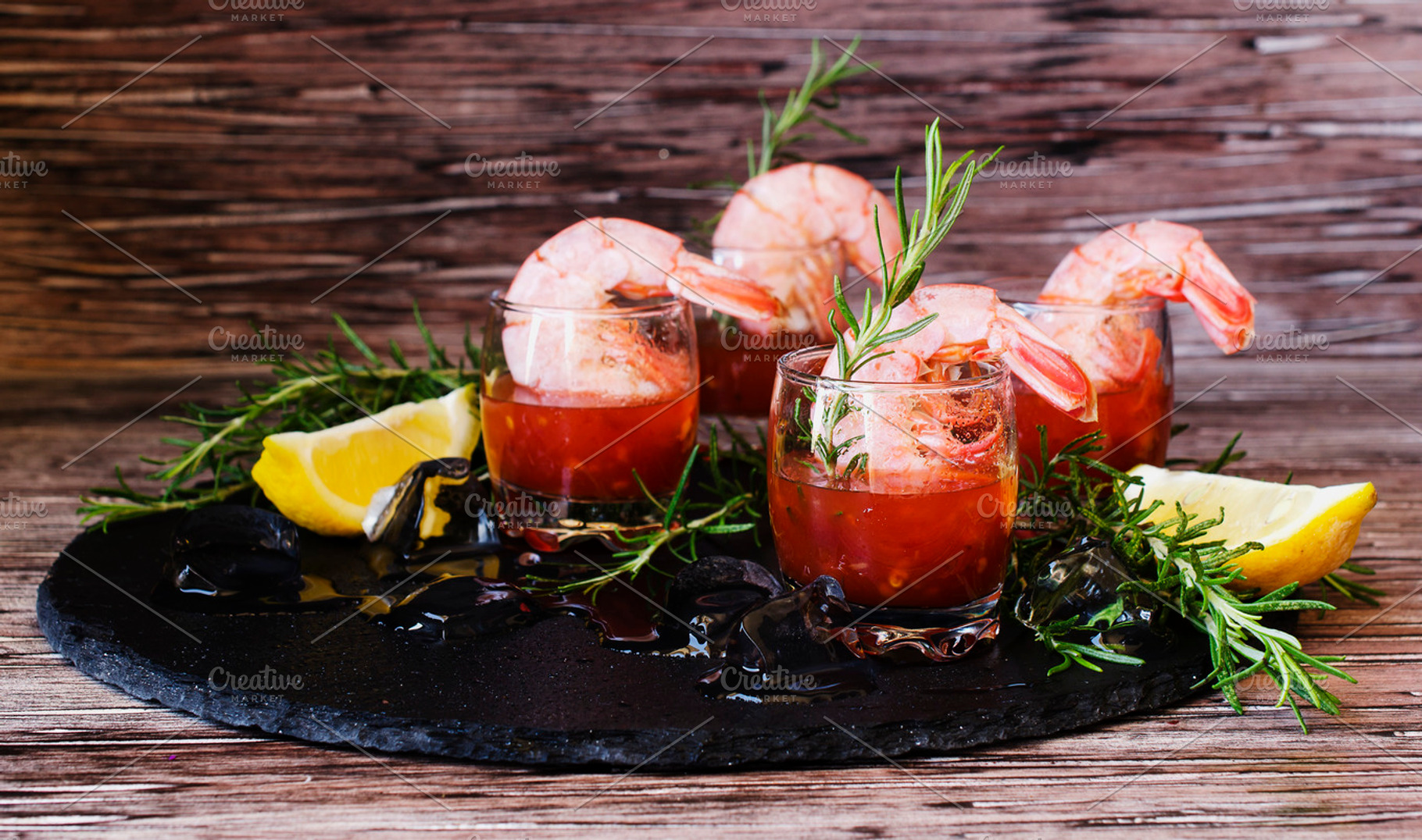 Appetizer of shrimp cocktail with rosemary and sauce selective focus, a Food & Drink Photo by Wild Drago Shop