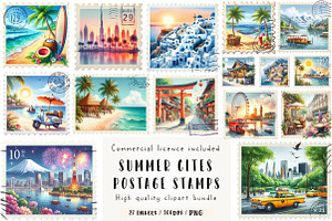 Summer Cites Postage Stamps Clipart, an Illustration by CreationArt