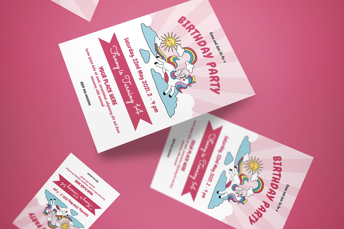 Pink Unicorn Birthday Invitation, an Invitation Template by graphicook (Photo 3 of 3)
