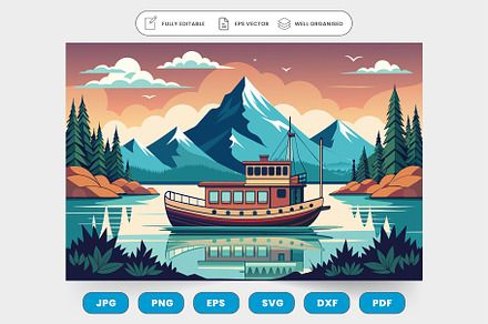 A boat sailing on water with mountai