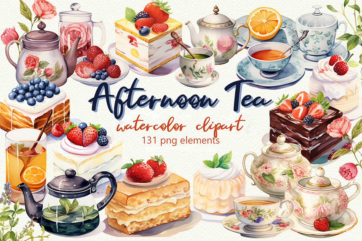 Afternoon Tea Watercolor Clipart, a Food Illustration by Anna Design Studio (Photo 1 of 8)