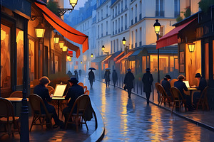 Parisian Street Scene at Twilight, a Person Illustration by Sharon Schwalbe