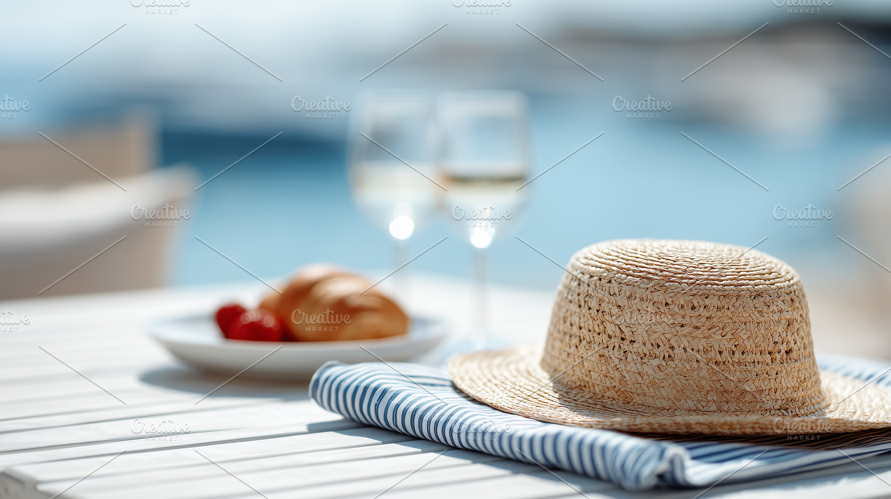 Straw hat, striped cloth, croissant, a Food & Drink Photo by MistyDay