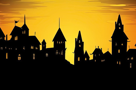 Orange halloween landscape with a haunted castle in the backgrou, a Holiday Photo by José Manuel Gelpi
