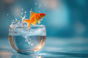 Goldfish jumps out of fishbowl creating a splash in a vibrant blue background, a Photo by AlyaAnd