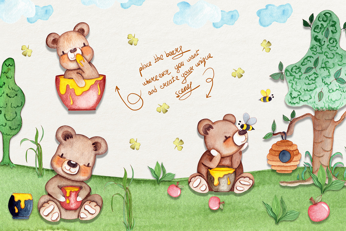 Honey Bears Watercolor Collection, a Decorative Illustration by TanataDesign (Photo 3 of 8)