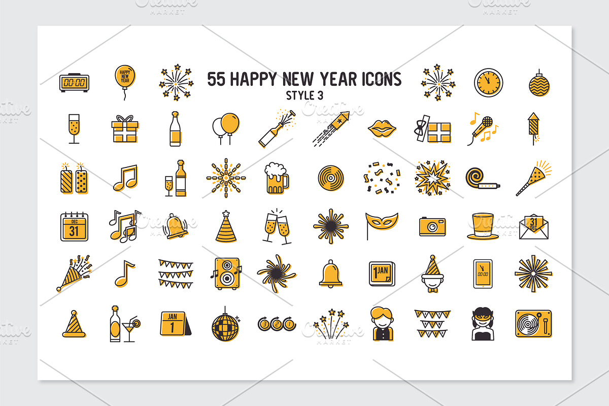 55 happy new year icons in 3 styles, an Outline Icon by LTNG STUDIO (Photo 5 of 6)
