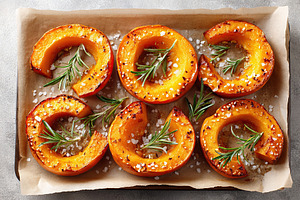 Savory roasted squash slices garnished with herbs on a baking sheet, a Food & Drink Photo by AlyaAnd