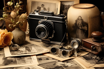 Vintage camera, old photos and a can, a Photo by Iftikhar Alam