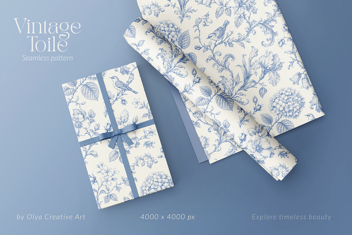 Vintage Blue Toile Seamless Pattern, a Pattern Graphic by Olya Creative (Photo 3 of 5)
