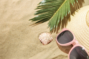 Pink Sunglasses and Straw Hat on Sand, a Holiday Photo by Davizro's Market
