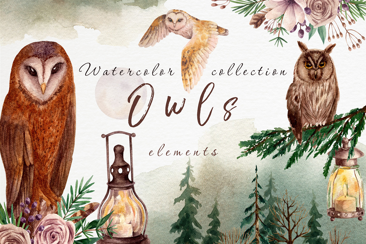 Owls and lanterns.Watercolor clipart, a Decorative Illustration by a_ptichkina (Photo 1 of 7)