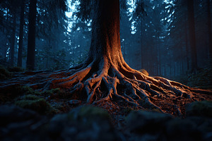 Mystical tree with glowing symbols in dark forest, a Nature Photo by AlyaAnd