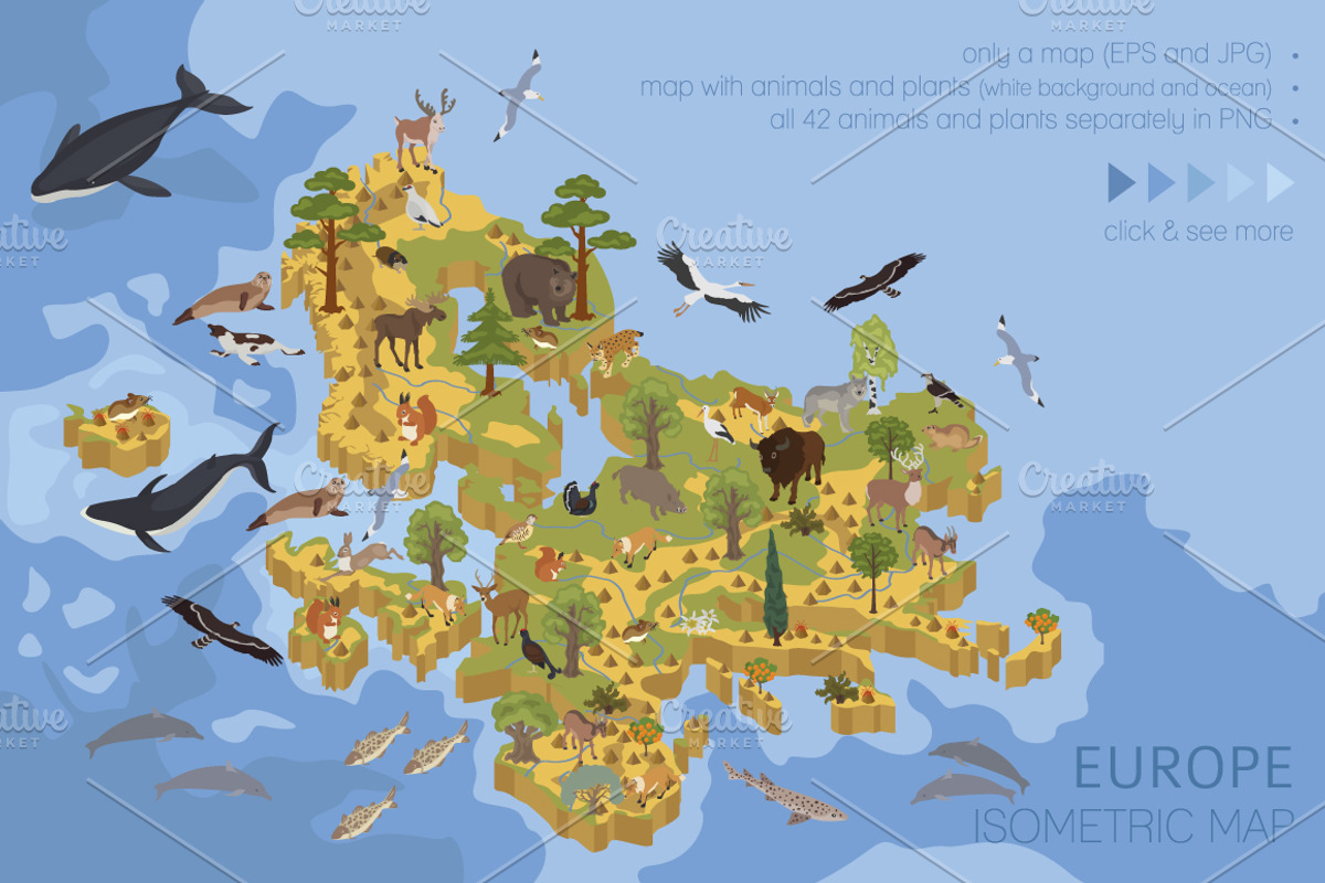 Europe isometric flora & fauna map, an Animal Illustration by pet design shop (Photo 1 of 5)