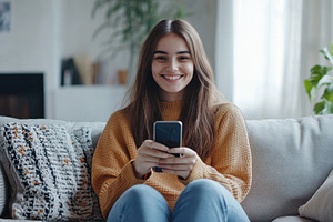 A cheerful girl lounging on the sofa, a Photo by Pavel_design